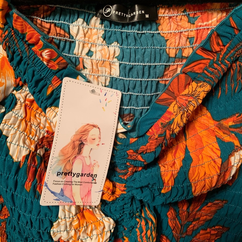 NWT PRETTYGARDEN Teal Floral Smocked Long-Sleeve Tunic Midi Dress - Picture 3 of 7